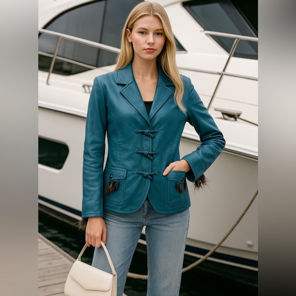 Pamela McCoy Real Leather Teal Blazer with Knot Details